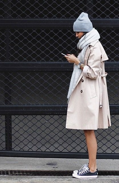 If you don’t mind the cold too much, the above Converse outfit works. Wear your them with a trench, grey scarf and beanie. Via Unknown Blogger