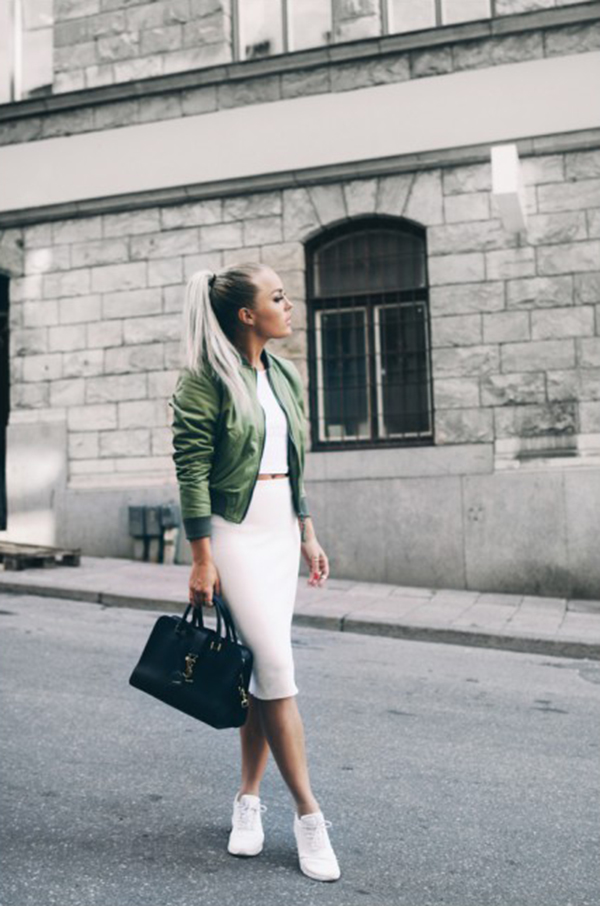 A stylish pair of sneaks can definitely make a pencil skirt pop. Take a tip from Angelica Blick and combine an all white set (pencil skirt, crop top and sneaks) with coordinating jacket and purse for a cleverly casual and beautiful image. Skirt: Zara, Top: River Island, Jacket: ASOS, Purse: YSL, Shoes: Nike